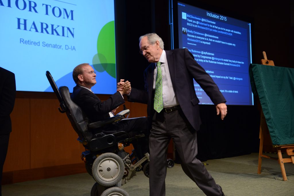 Senator Tom Harkin (right) shaking hands with Rep. James Langevin (D-RI) at the 2015 Ruderman Inclusion Summit in Boston