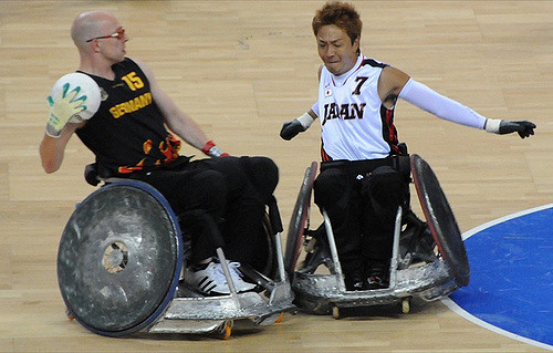Germany battles Japan in Wheelchair Rugby at the 2008 Paralympics in Beijing photo credit: Jonas Merian, Flickr, CreativeCommons